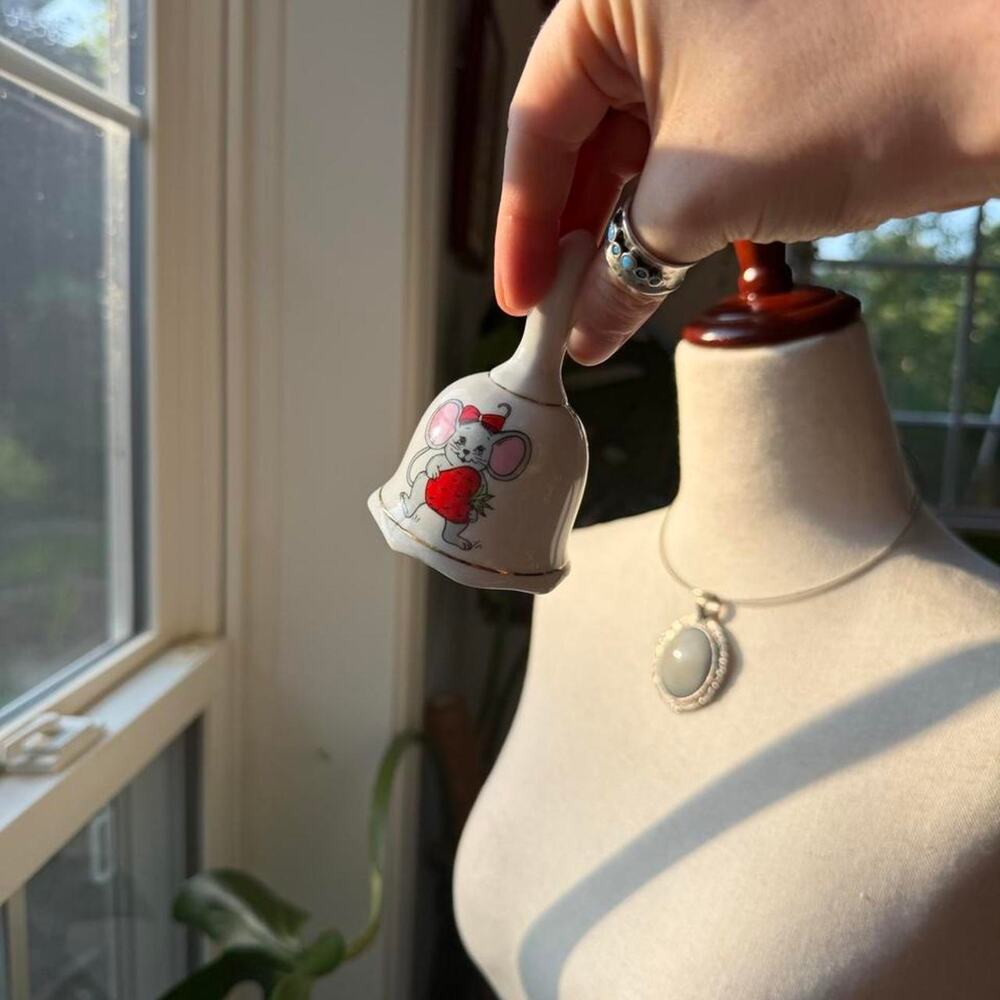 Vintage 80s Mouse with Strawberry White Ceramic Bell